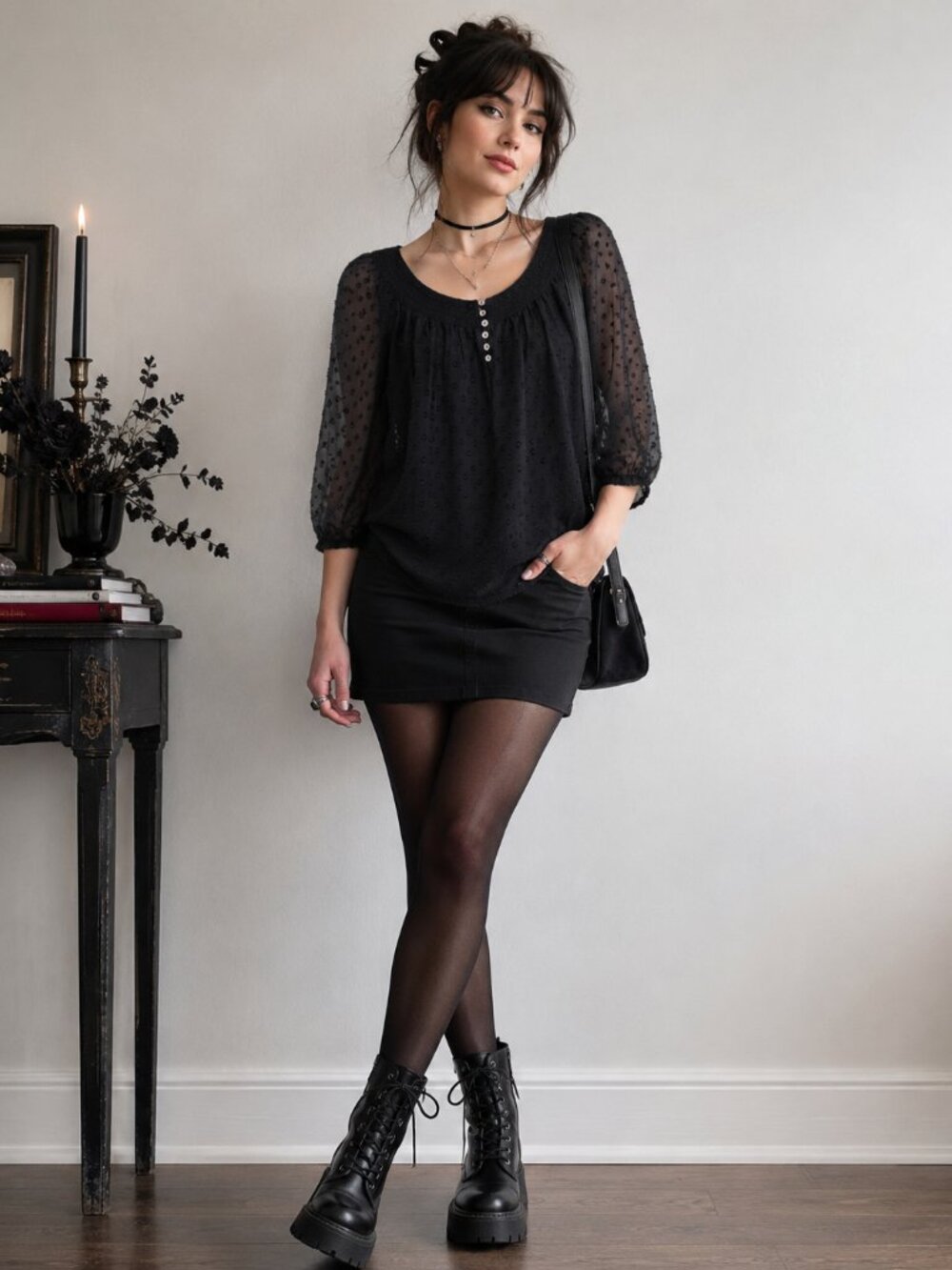 Daniel Rainn Black Polka Dot Sheer Sleeve Blouse Womens M Swiss Dot Henley Top